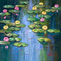 Lirios de Agua en el Estanque IV by Villalba - Original Painting on Box Canvas sized 32x32 inches. Available from Whitewall Galleries